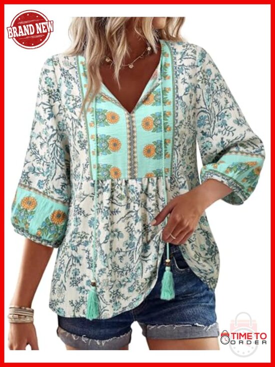 Tops - Boho Babydoll Peplum Tunic 3/4 Lantern Sleeve V-Neck Tie Front Floral Blouse